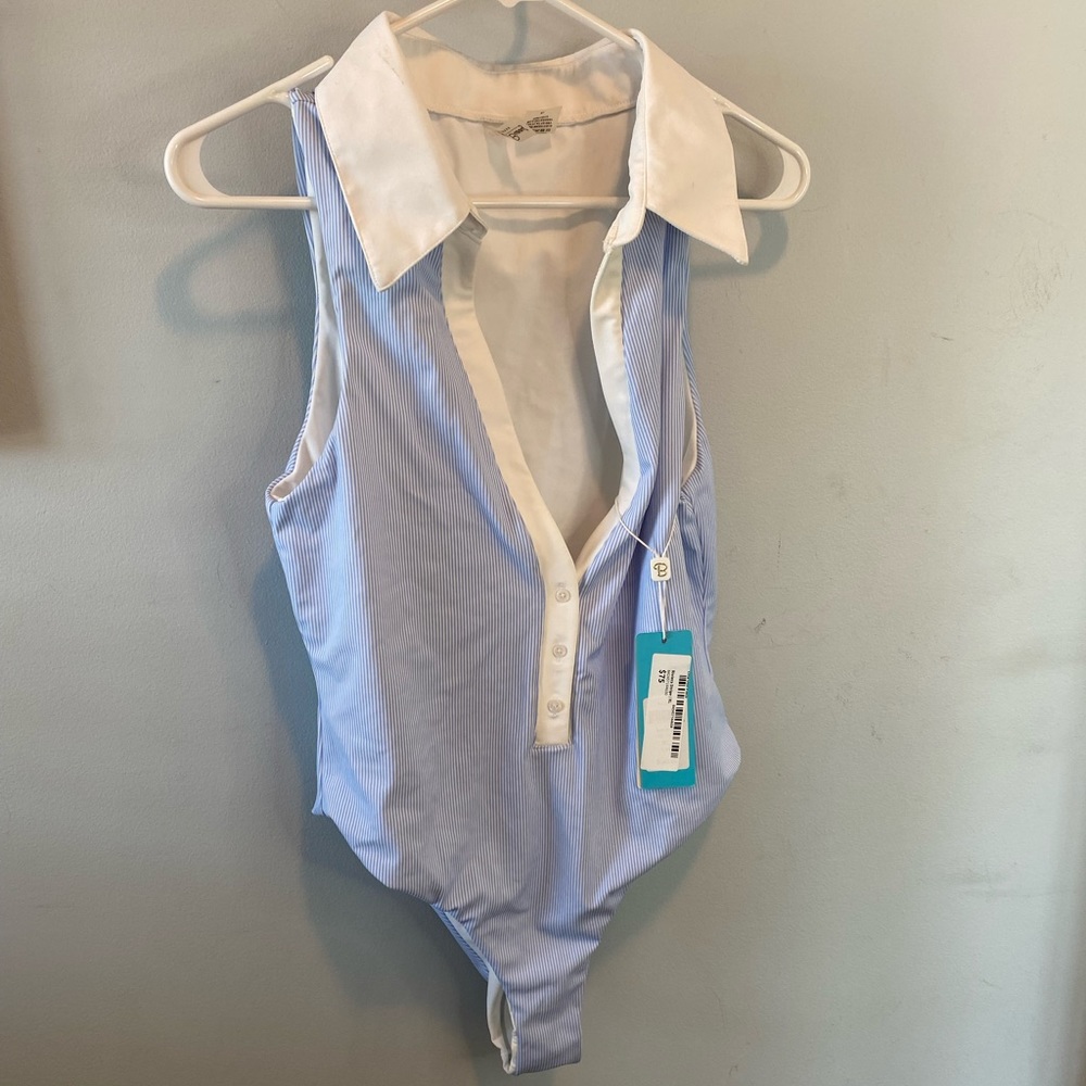 Beach Bunny One Piece Swimsuit- Blue And White Strips- Size XL